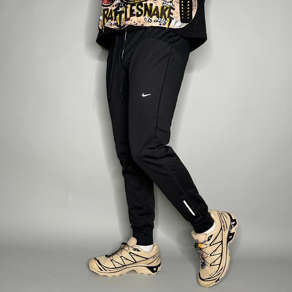 Nike Sweatpants Jet Black Polyester Joggers White Swoosh - Picture 1 of 4